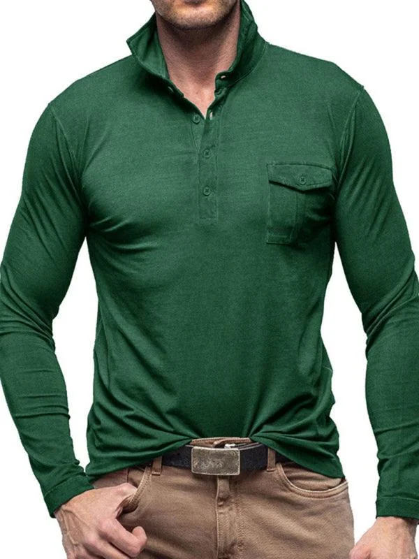 men's golf-style polo shirts -Solid Long Sleeve Men Polo Shirt