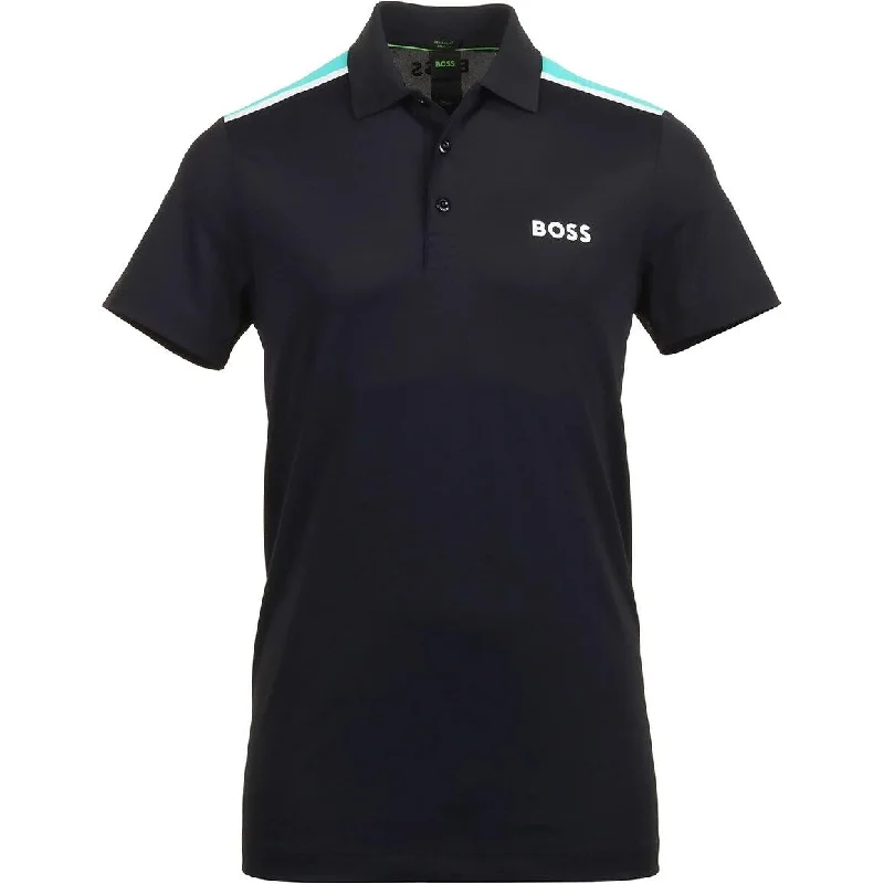 stylish plain polo shirts for men -BOSS Men Paddytech Polo Shirt Slim Fit Navy Blue Stretch Button-Down Collar