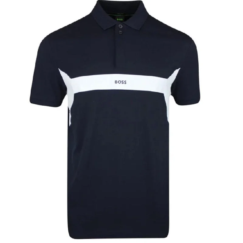 men's casual wear polo shirts -Hugo Boss Men Paddy 2 Polo Shirt Short Sleeve White Stripe Dark Blue