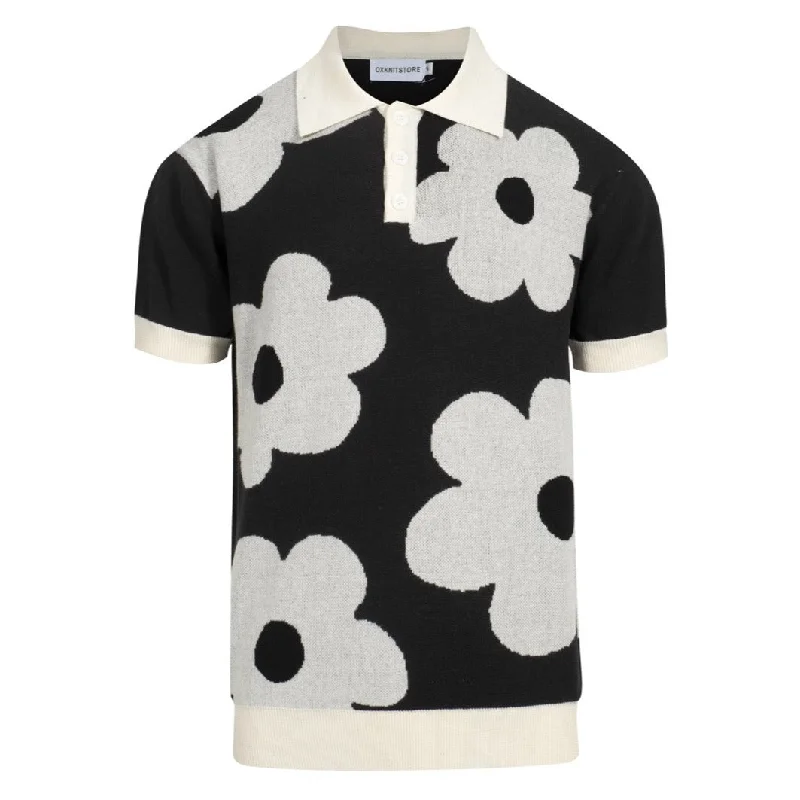 embroidered logo polo shirts for men -Men's black 60s floral knit polo shirt