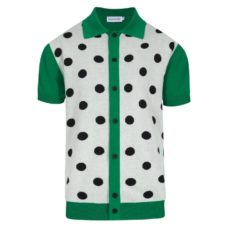 men's long-sleeve polo shirts -Men's Black And White Polka Dot Design Knitted Green Short-Sleeved Polo Shirt