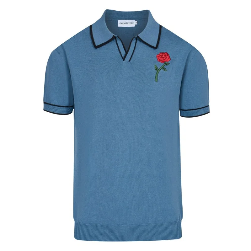 men's vintage polo shirts -Men's blue embroidered knit V-neck polo shirt