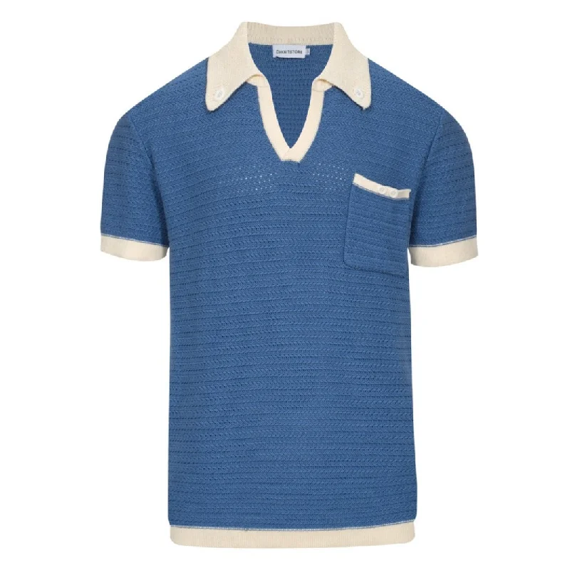 stylish polo shirts for men -Men's blue knit V-neck polo shirt