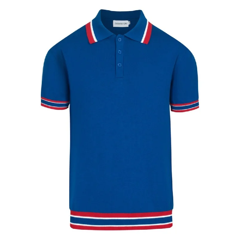 men's golf polo shirts with collars -Men's blue striped contrasting knit polo shirt