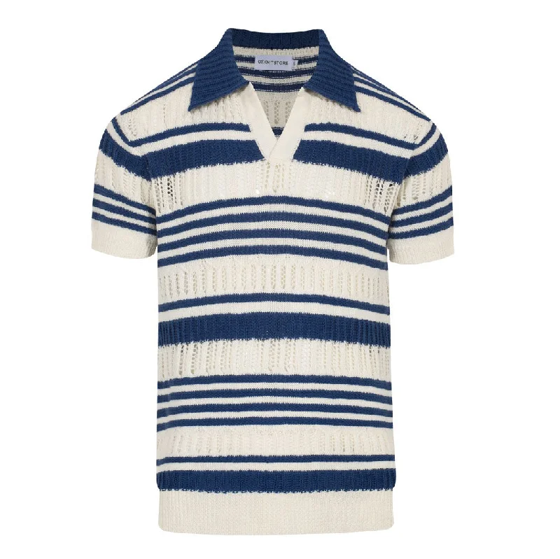 vibrant polo shirts for men -Men's blue striped knit V-neck polo shirt