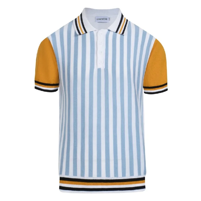 men's sport performance polo shirts -Men's blue striped knit vintage polo shirt