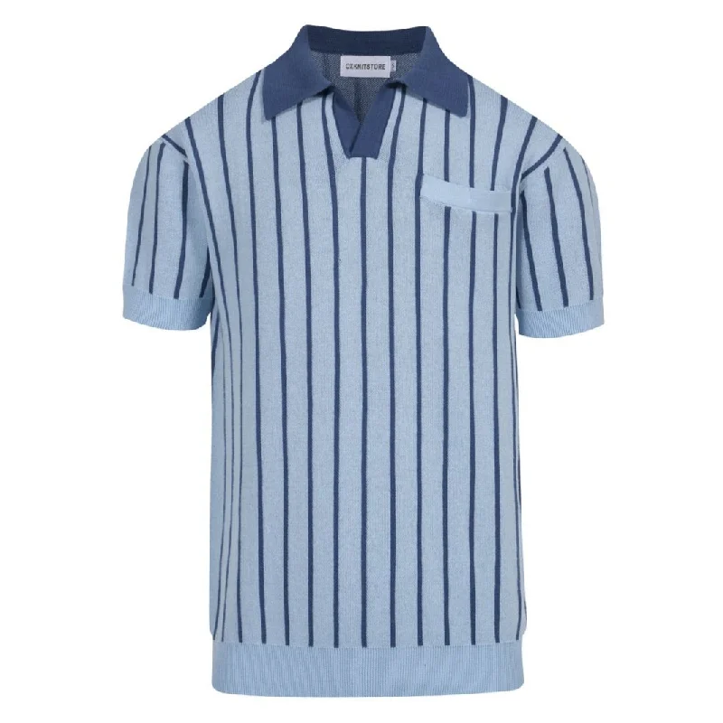 men's breathable performance polo shirts -Men's blue vintage striped V-neck knit polo shirt