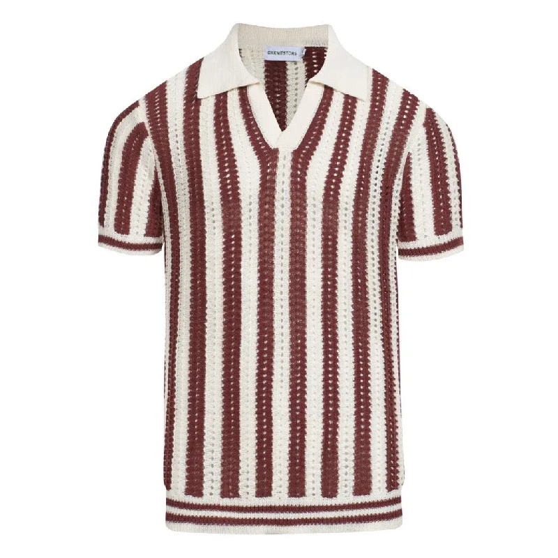 polo shirts for business casual wear -Men's brown striped mesh knit vintage V-neck polo shirt