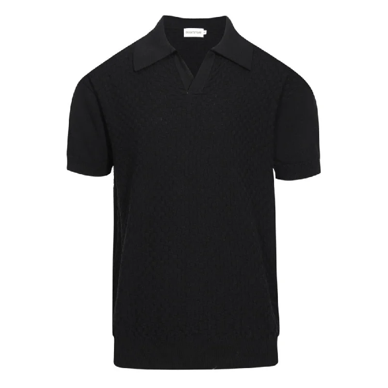 men's fashion polo shirts -Men's Casual Retro Black Solid Color Knitted Polo Shirt