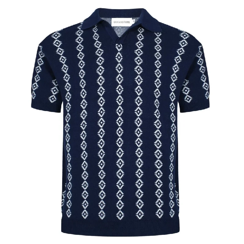 men's casual polo shirts for work -Men's Dark Blue Knit Polo Shirts With White Geometric Pattern