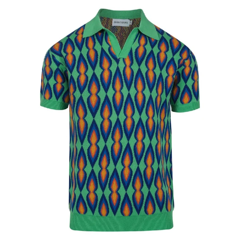 polo shirts for men with collars -Men's Green Knitted Polo Shirts With Candle Flame