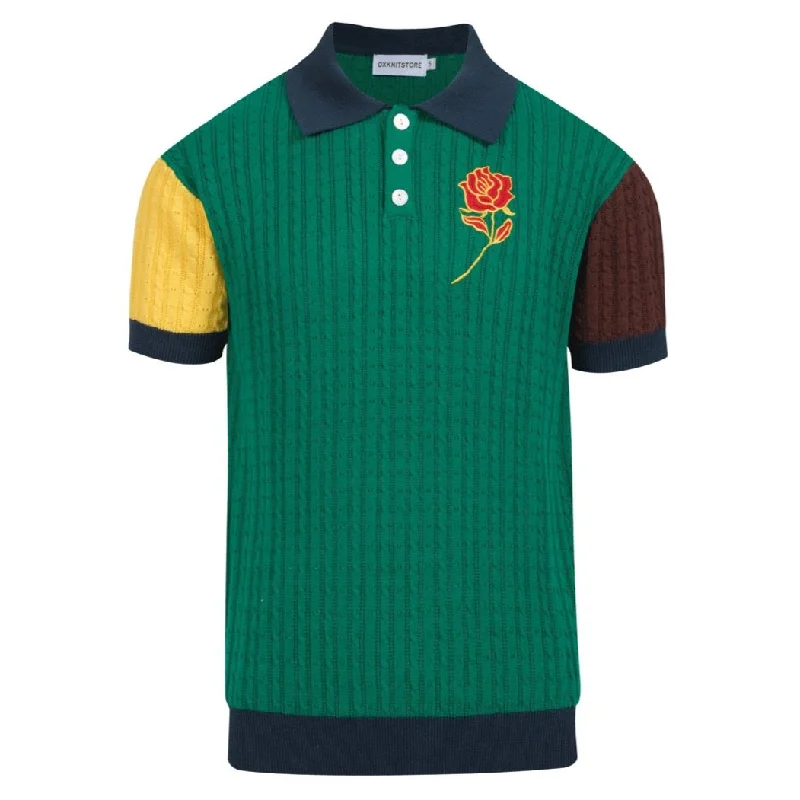 men's golf-style polo shirts -Men's green patchwork vintage knit polo shirt