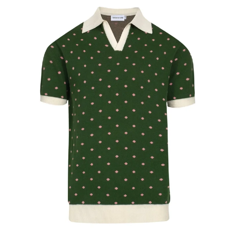 men's casual fit polo shirts -Men's green polka-dot knitted short-sleeved v-neck polo shirt