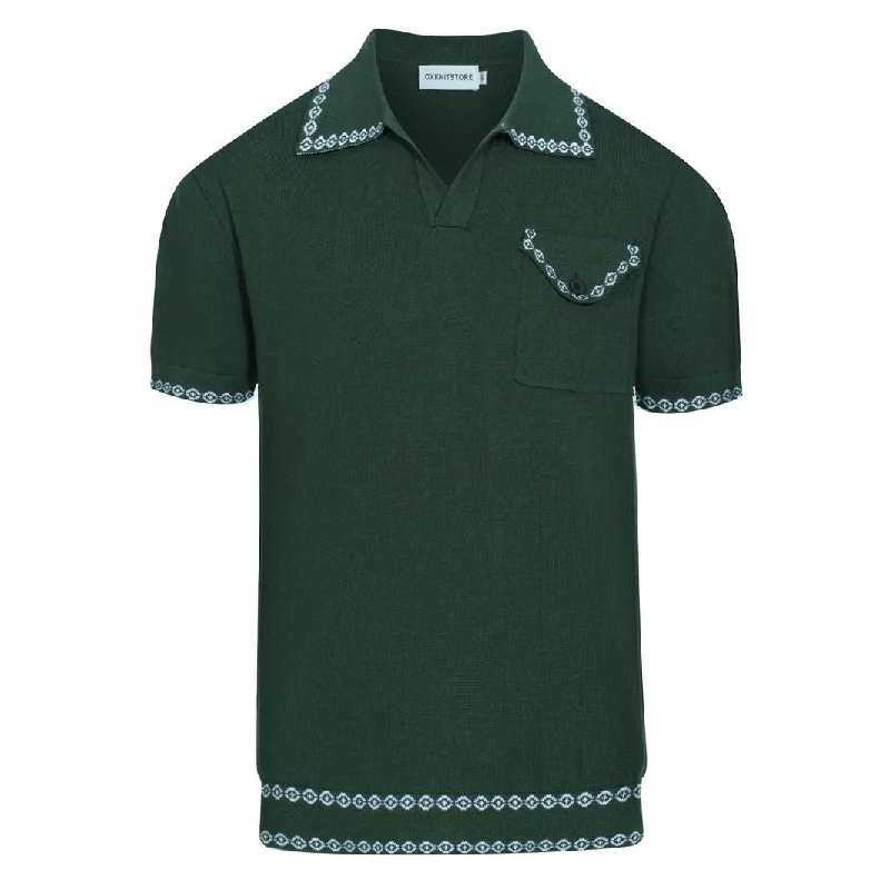 men's athletic fit polo shirts -Men's green retro V-neck knit polo shirt