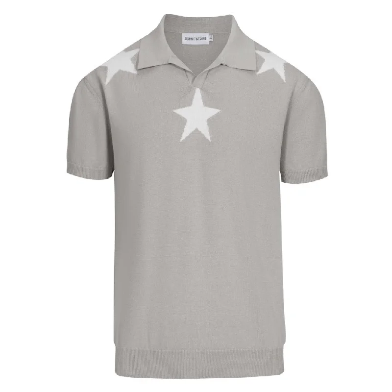 comfortable polo shirts for men -Men's grey star V-neck knit polo shirt