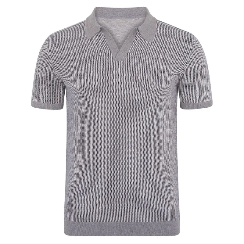 stylish long sleeve polo shirts -Men's grey vintage striped knit polo shirt