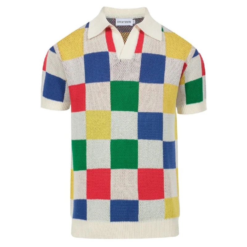 formal polo shirts for men -Men's multicolor plaid jacquard knit V-neck polo shirt