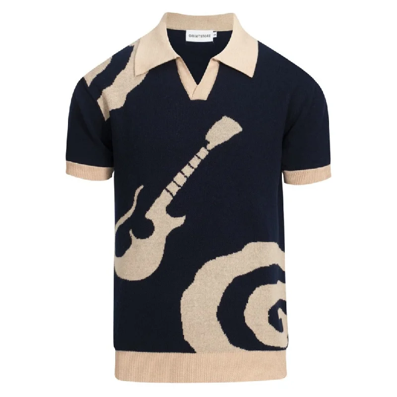 men's embroidered polo shirts -Men's navy blue vintage knit V-neck polo shirt