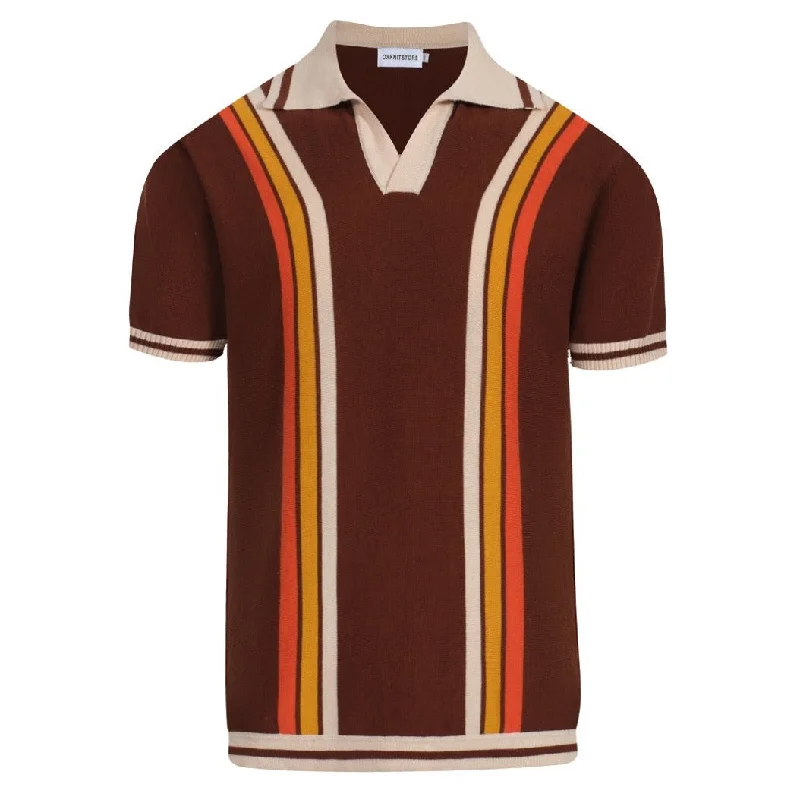 men's performance polo shirts -Men's orange, yellow and beige striped brown v-neck knitted polo shirt