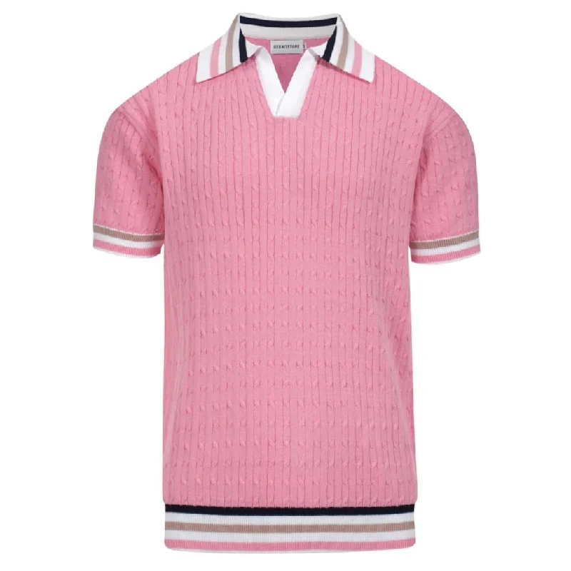 men's premium polo shirts for work -Men's pink vintage striped knit V-neck polo shirt