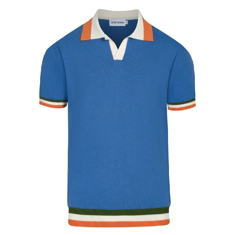 men's custom polo shirts -Men's retro blue V-neck knit polo shirt