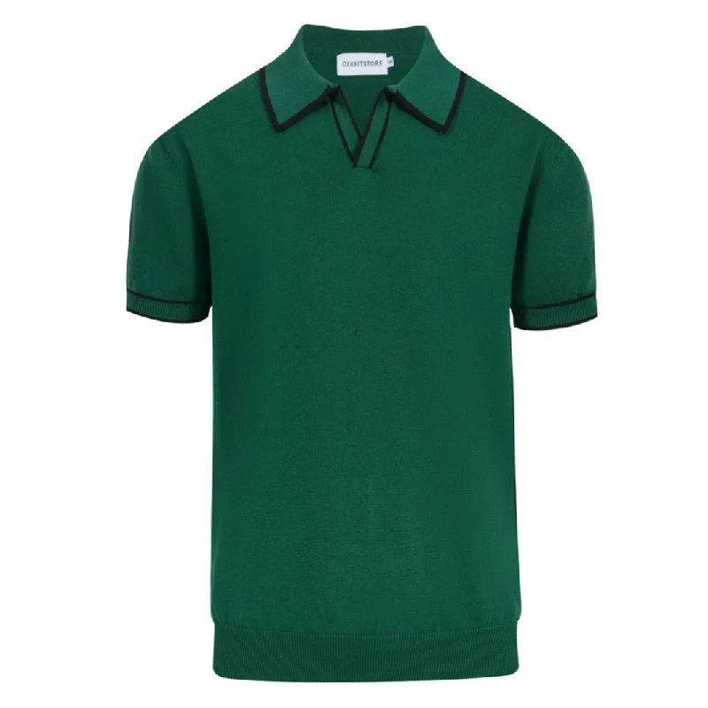 men's polo shirts for sports -Men's retro green V-neck knit polo shirt