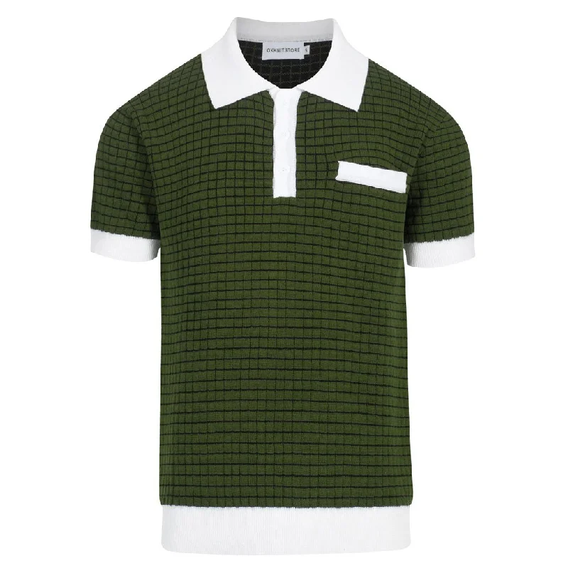 stylish printed polo shirts for men -Men's vintage green plaid textured knit polo shirt