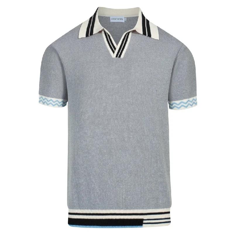 men's athletic polo shirts -Men's vintage grey striped V-neck knit polo shirt