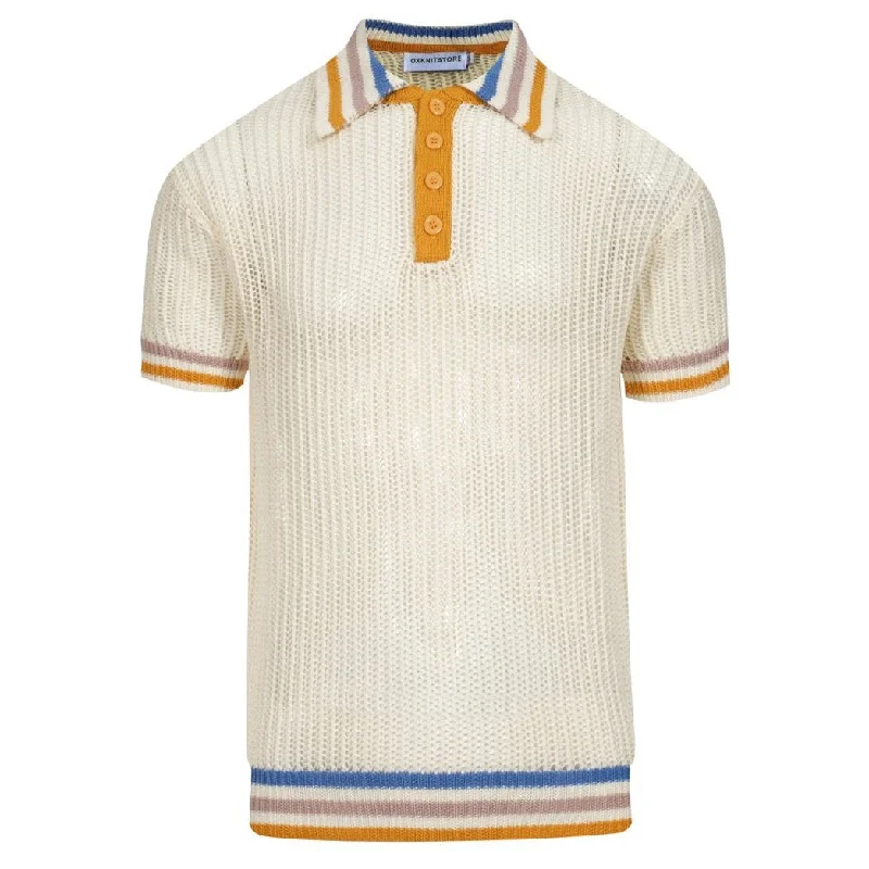 men's polos with side slits -Men's vintage mesh contrast knit polo shirt