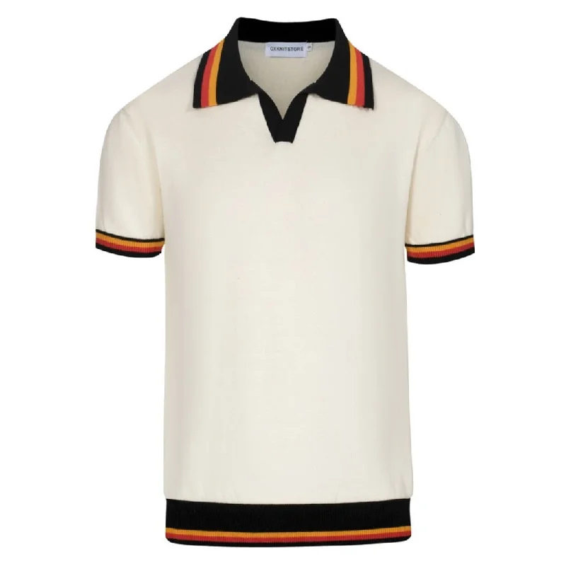 men's designer polo shirts -Men's vintage striped white apricot V-neck polo shirt