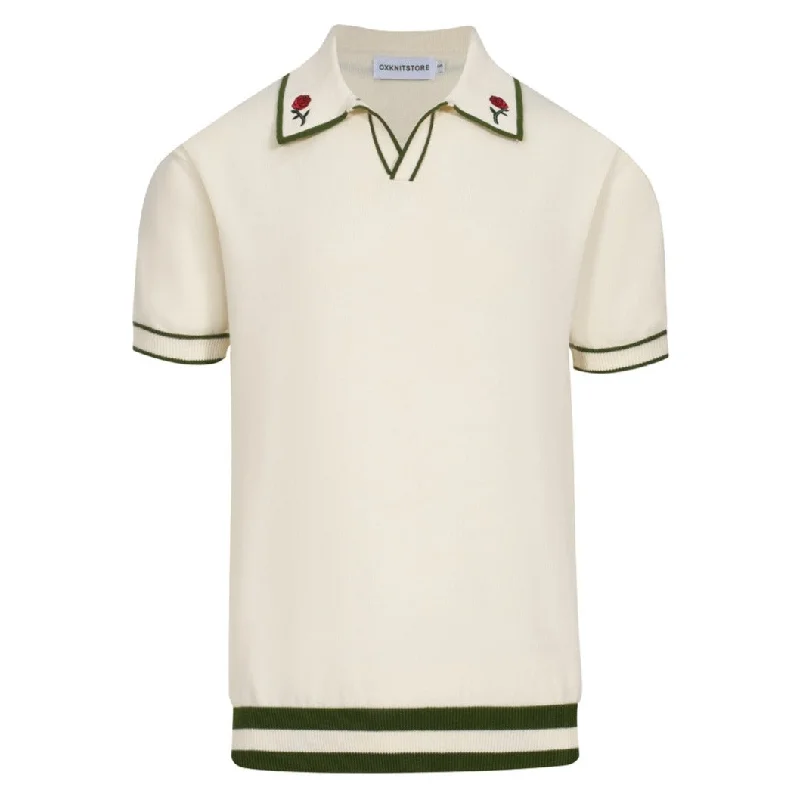 men's luxury cotton polo shirts -Men's white and green embroidered V-neck knit polo shirt