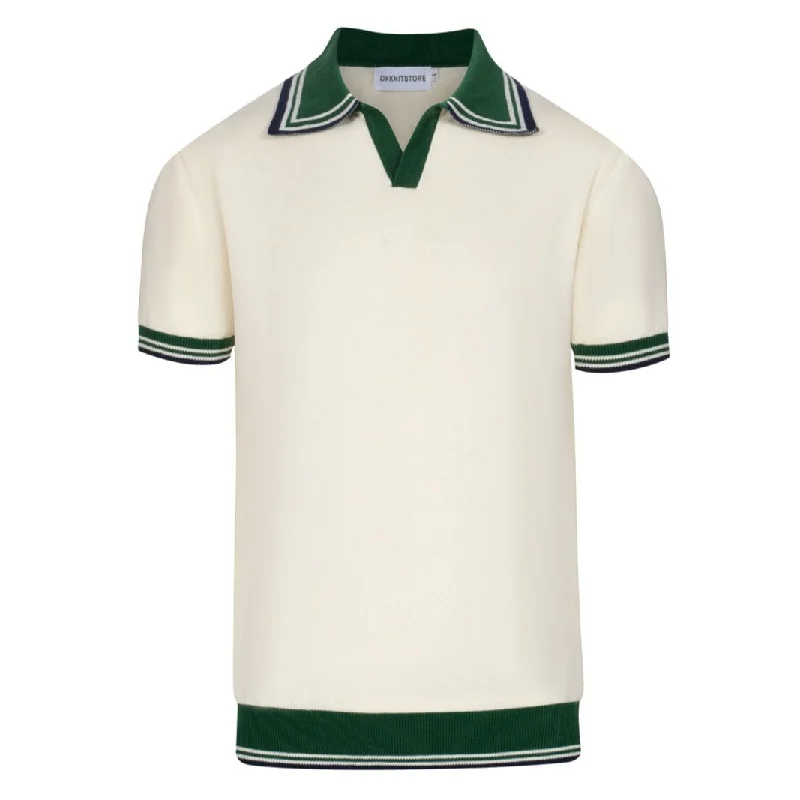 modern style polo shirts for men -Men's white and green V-neck spiked knit polo shirt