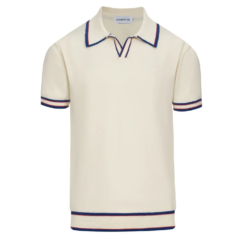 men's simple polo shirts -Men's white apricot V-neck blue striped knit polo shirt