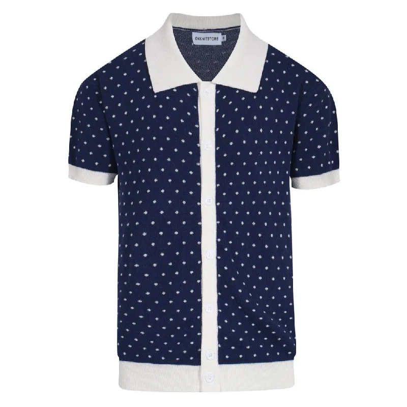 men's polo shirts with logos -Men's white polka dot knitted blue short-sleeved polo shirt