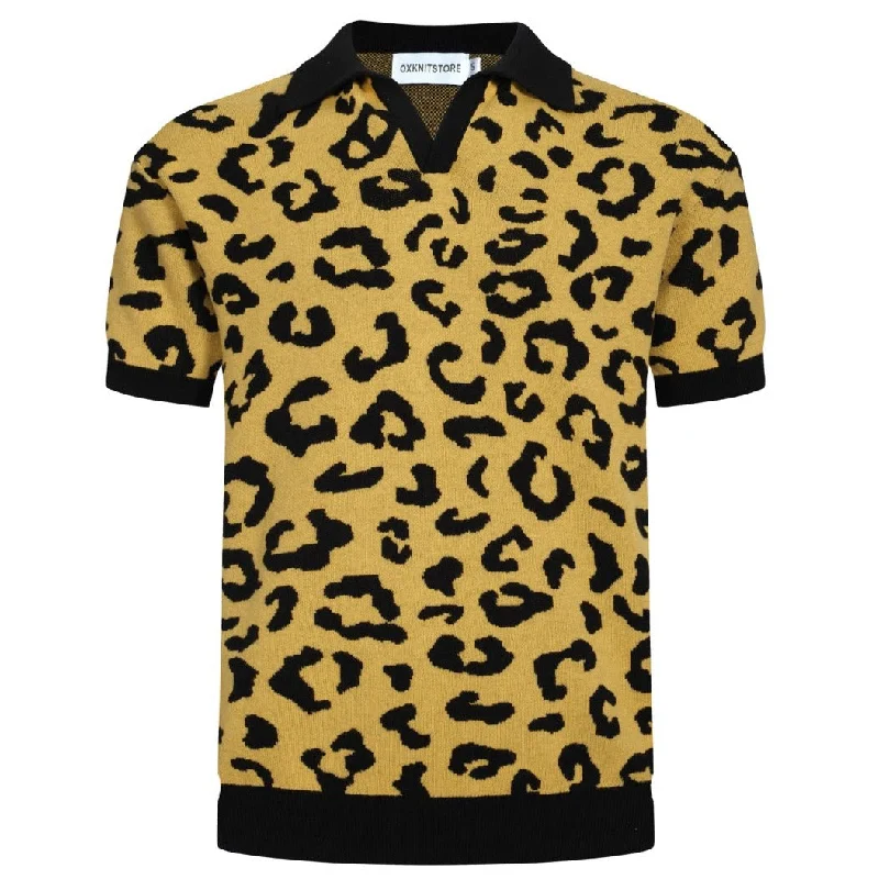 men's casual wear polo shirts -Men's Yellow Polo Shirt With Black Leopard