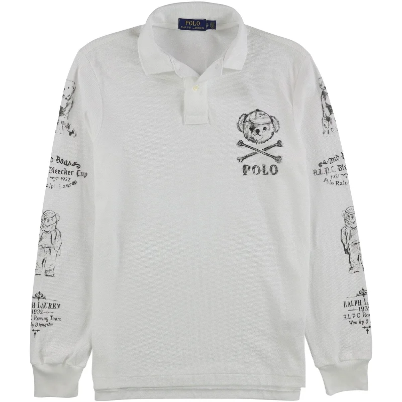 men's long sleeve pique polo shirts -Ralph Lauren Mens Bear Logo Rugby Polo Shirt, White, XX-Large