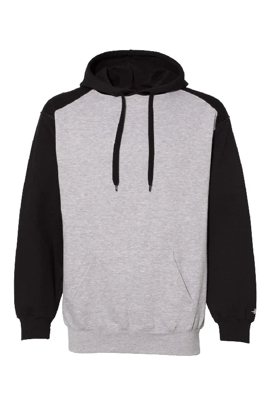 men's sweatshirts with designs -Badger Mens Athletic Fleece Hooded Sweatshirt Hoodie w/ Pouch Pocket - Oxford Grey/Black