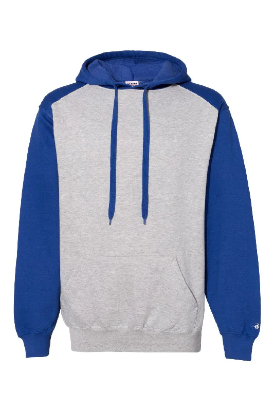 men's casual sweatshirts -Badger Mens Athletic Fleece Hooded Sweatshirt Hoodie w/ Pouch Pocket - Oxford Grey/Royal Blue