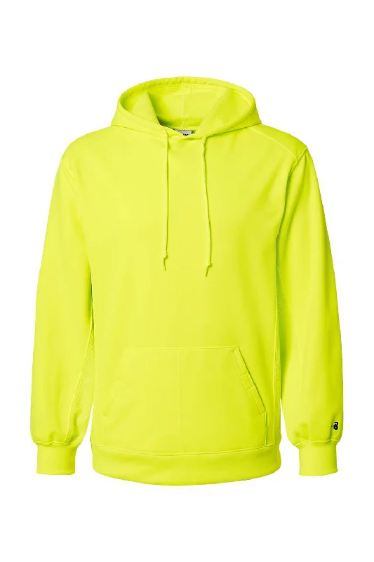 men's hoodies with a hood -Badger Mens Performance Moisture Wicking Fleece Hooded Sweatshirt Hoodie w/ Pouch Pocket - Safety Yellow