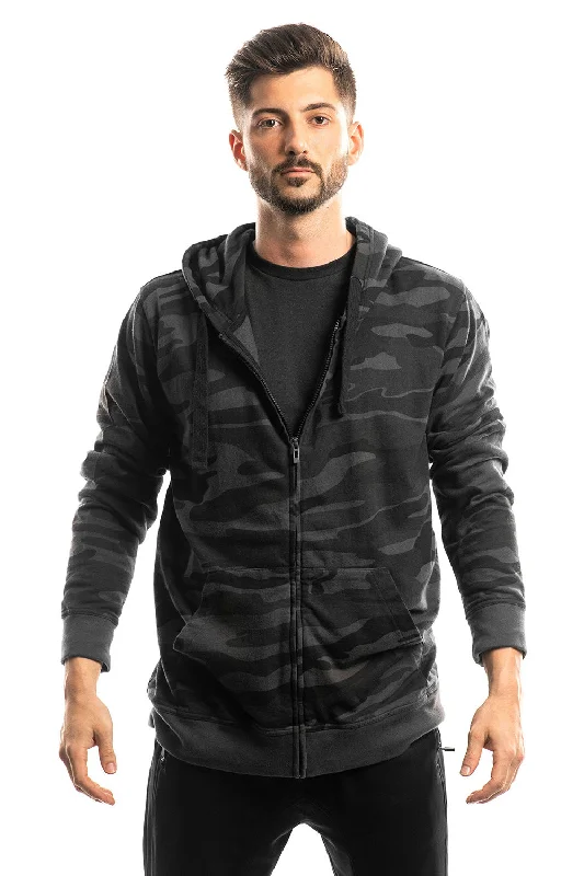 athletic-inspired sweatshirts for men -Burnside Mens Full Zip Hooded Sweatshirt Hoodie w/ Pockets - Black Camo