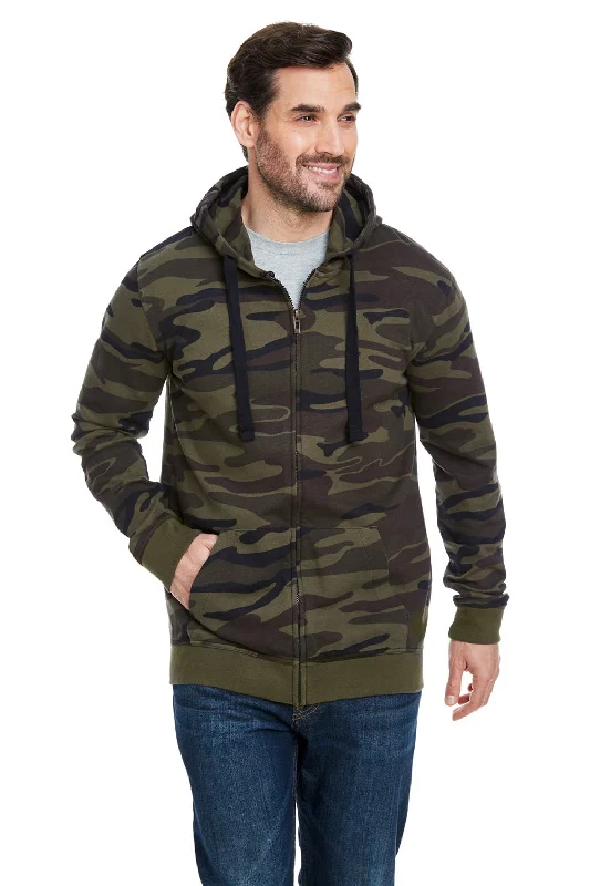 men's logo sweatshirts -Burnside Mens Full Zip Hooded Sweatshirt Hoodie w/ Pockets - Green Camo