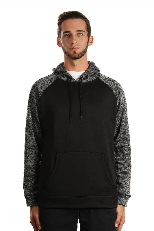 performance sweatshirts for men -Burnside Mens Performance Raglan Hooded Sweatshirt Hoodie w/ Pouch Pocket - Black/Heather Charcoal Grey