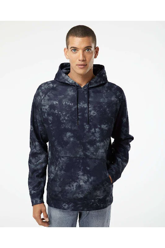 premium hoodies for men -Burnside Mens Performance Raglan Hooded Sweatshirt Hoodie w/ Pouch Pocket - Navy Blue Tie Dye