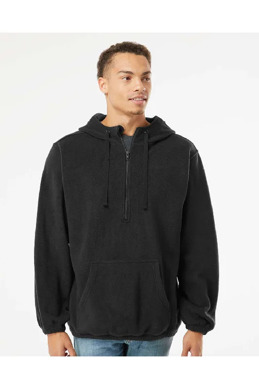 men's outdoor sweatshirts -Burnside Mens Polar Fleece 1/4 Zip Hooded Sweatshirt Hoodie w/ Pouch Pocket - Black