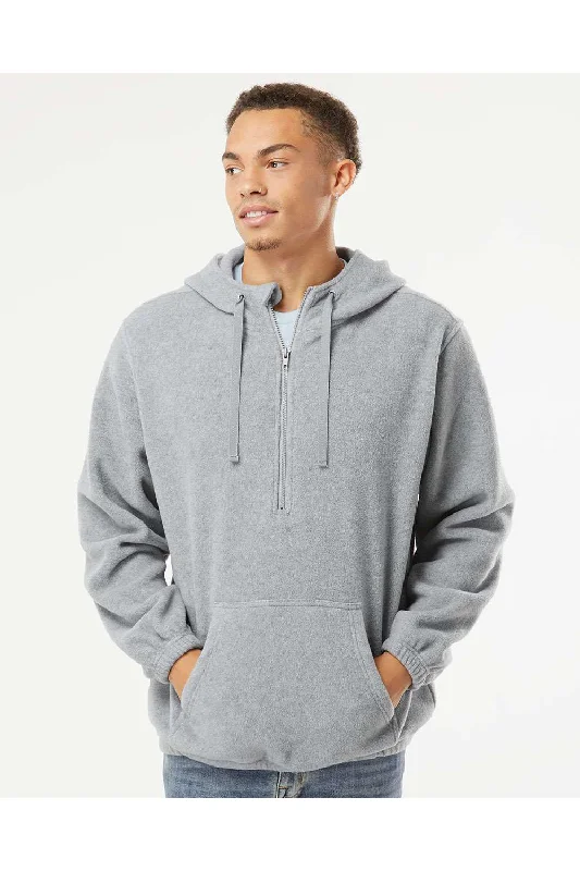 everyday hoodies for men -Burnside Mens Polar Fleece 1/4 Zip Hooded Sweatshirt Hoodie w/ Pouch Pocket - Heather Grey