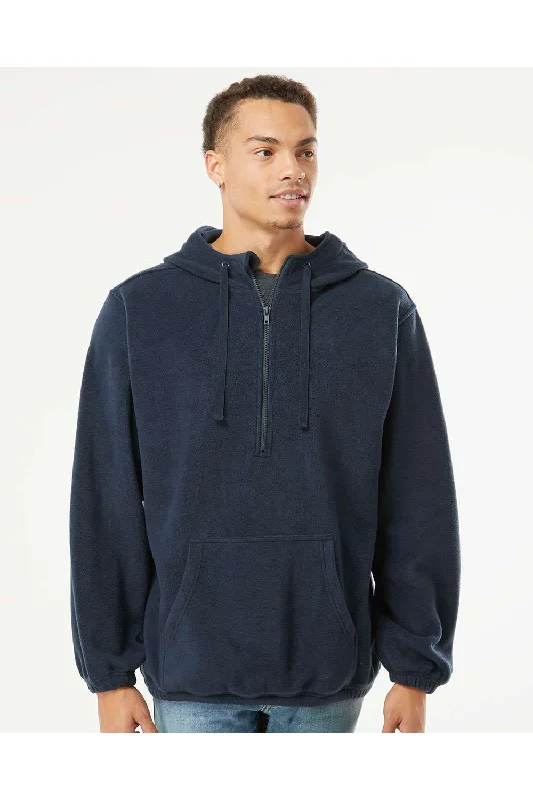 casual pullover sweatshirts -Burnside Mens Polar Fleece 1/4 Zip Hooded Sweatshirt Hoodie w/ Pouch Pocket - Navy Blue