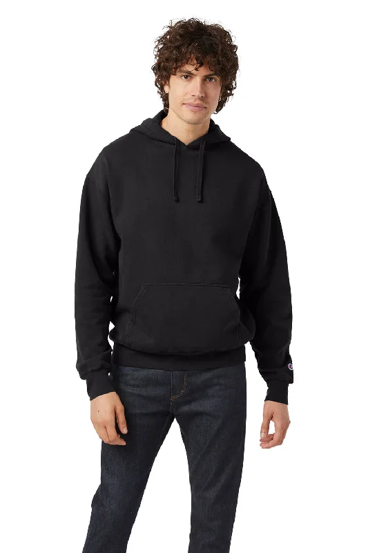 men's casual sweatshirts -Champion Mens Garment Dyed Shrink Resistant Hooded Sweatshirt Hoodie w/ Pouch Pocket - Black