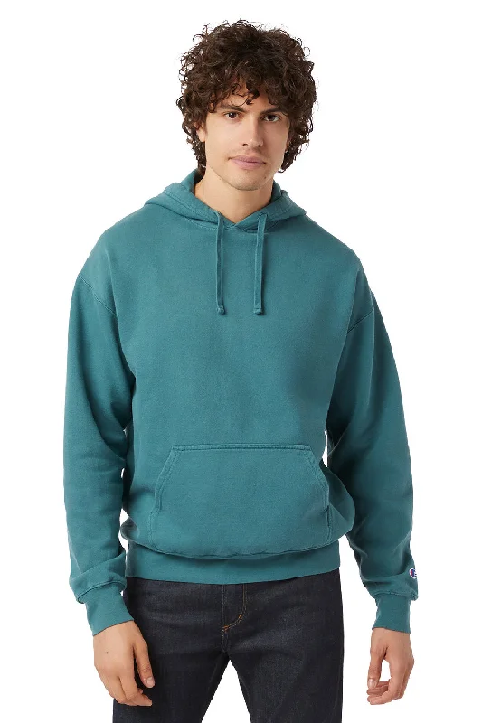 custom hoodies for men -Champion Mens Garment Dyed Shrink Resistant Hooded Sweatshirt Hoodie w/ Pouch Pocket - Cactus Green