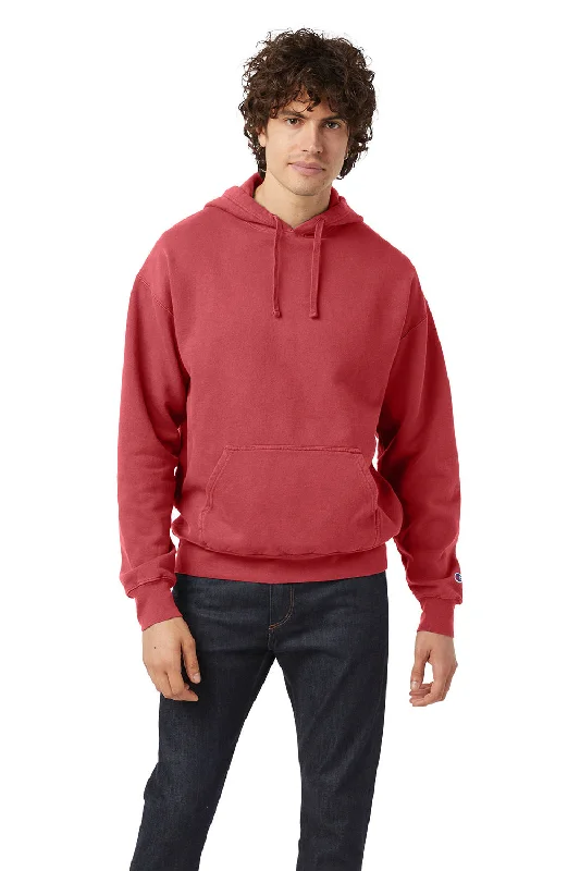 men's long sleeve hoodies -Champion Mens Garment Dyed Shrink Resistant Hooded Sweatshirt Hoodie w/ Pouch Pocket - Crimson Red