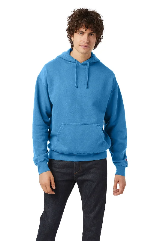 light hoodies for men -Champion Mens Garment Dyed Shrink Resistant Hooded Sweatshirt Hoodie w/ Pouch Pocket - Delicate Blue